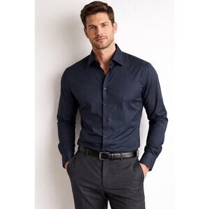 Teddy Stratford 100% Cotton Long Sleeve Button Down Hidden Zipper Shirt Navy 1 S